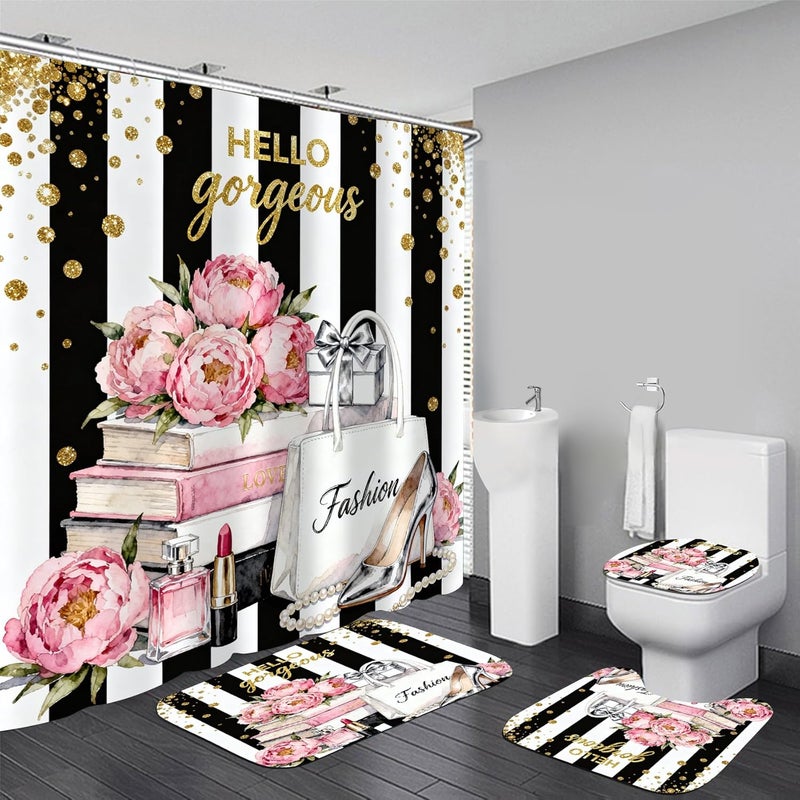 AZHM 4Pcs Pink Floral Perfume Shower Curtain Set Fashion Girly Hello Gorgeous Shower Curtains for Bathroom Black and White Striped Bathroom Decor Sets and Rugs and 12 Hooks - Image 1